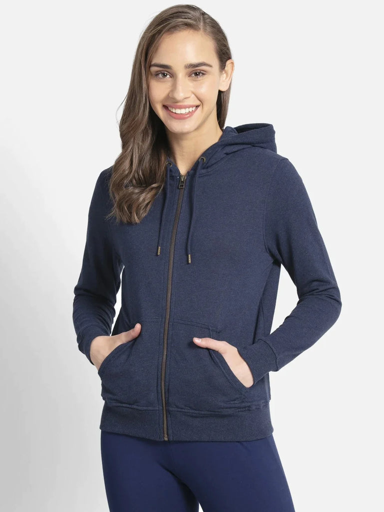 Ink Blue Melange JOCKEY Women's Cotton French Terry Fabric Hoodie Jacket