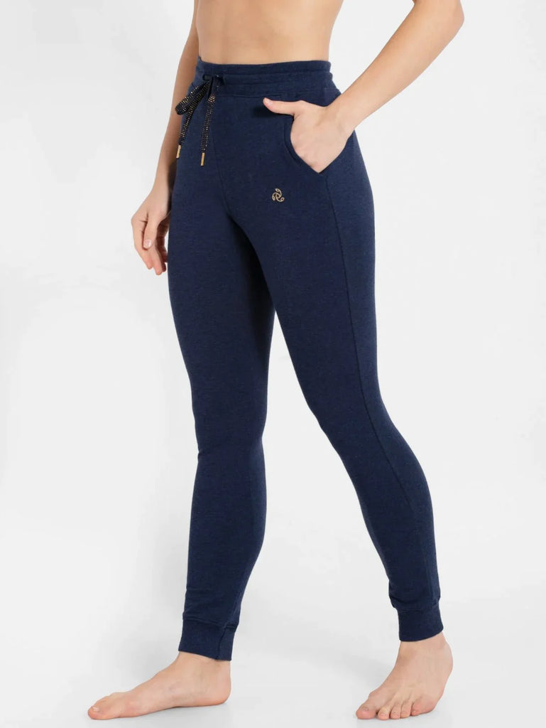 Ink Blue Melange Jockey Women's Super Combed Cotton Elastane French Terry Slim Fit Joggers