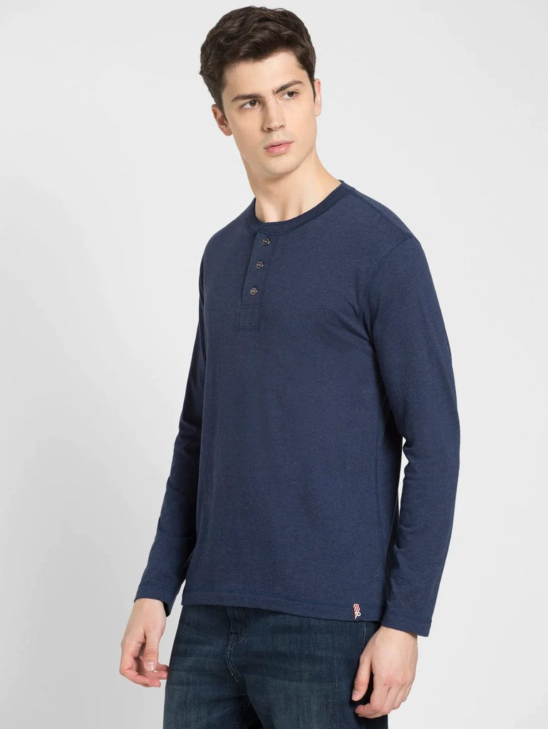 Ink Blue Melange JOCKEY Men's Solid Full Sleeve Henley T-Shirt 