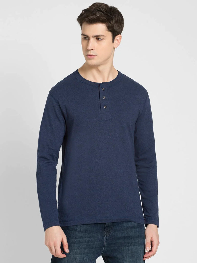 Ink Blue Melange JOCKEY Men's Solid Full Sleeve Henley T-Shirt 