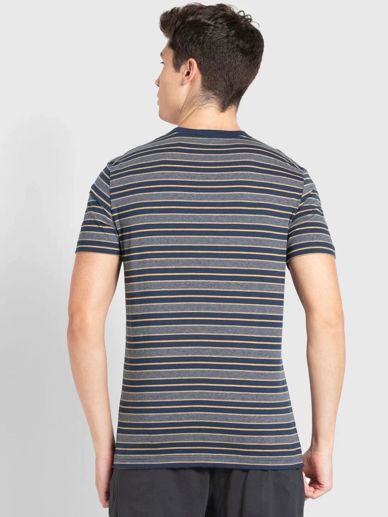 Ink Blue & Midgrey JOCKEY Men's Striped Round Neck Half Sleeve T-Shirt