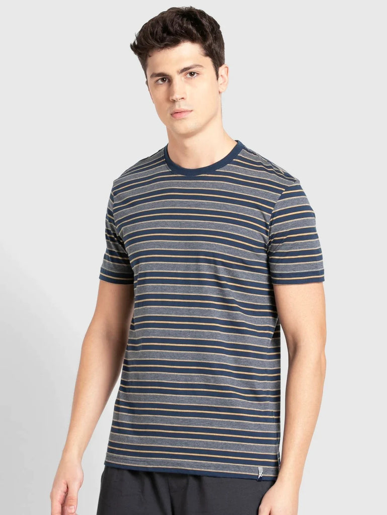 Ink Blue & Midgrey JOCKEY Men's Striped Round Neck Half Sleeve T-Shirt