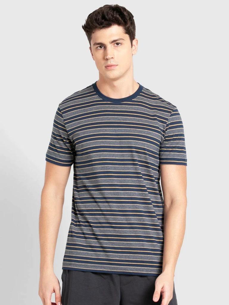 Ink Blue & Midgrey JOCKEY Men's Striped Round Neck Half Sleeve T-Shirt