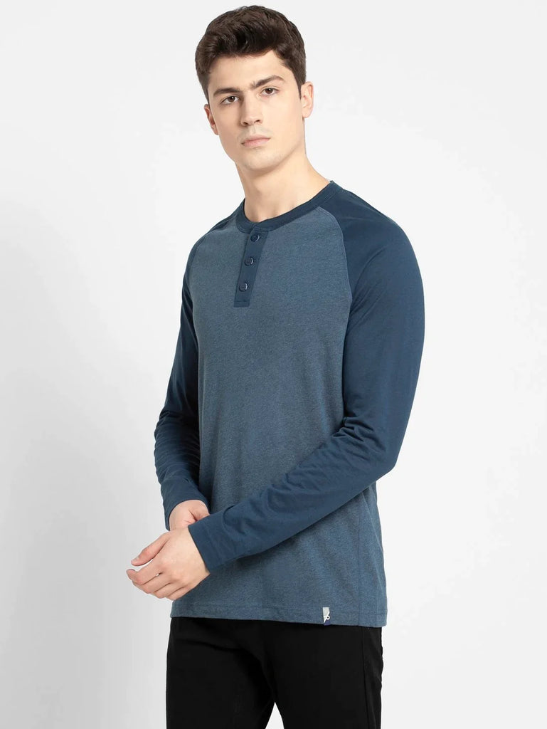 Insigna Blue Melange JOCKEY Men's Solid Full Sleeve Henley T-Shirt