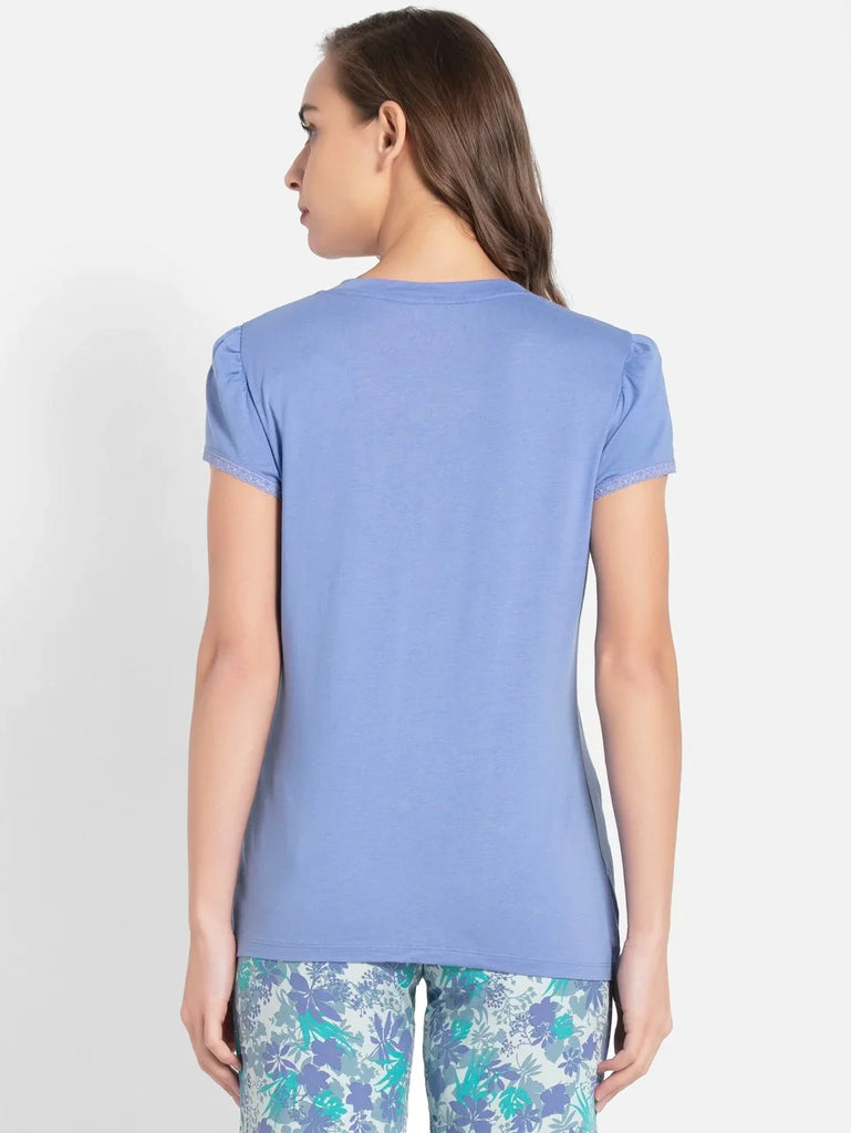 Iris Blue JOCKEY Women's Solid V Neck Half Sleeve T-Shirt