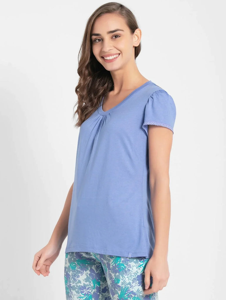 Iris Blue JOCKEY Women's Solid V Neck Half Sleeve T-Shirt