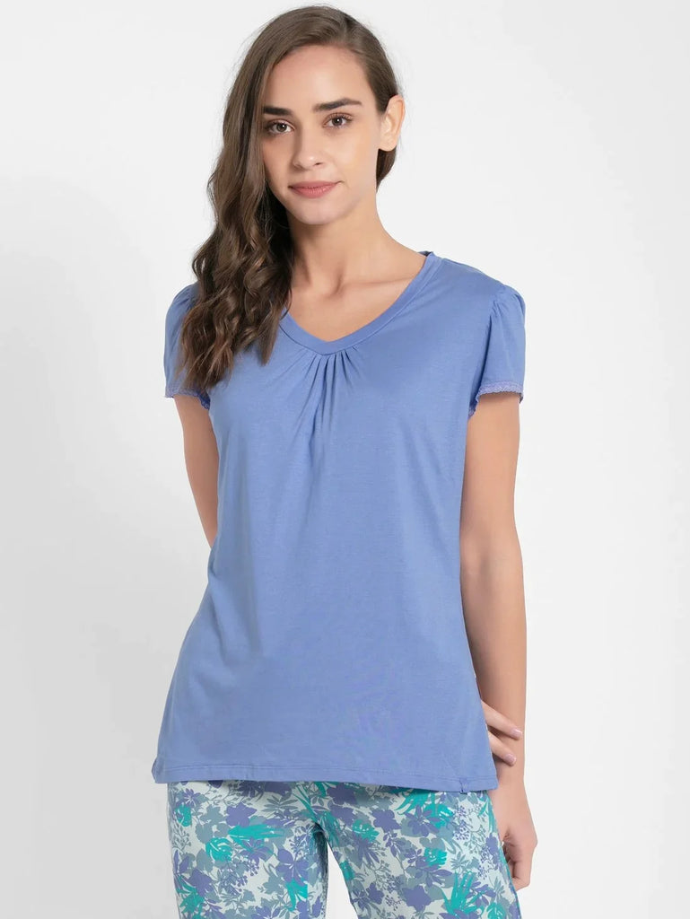 Iris Blue JOCKEY Women's Solid V Neck Half Sleeve T-Shirt