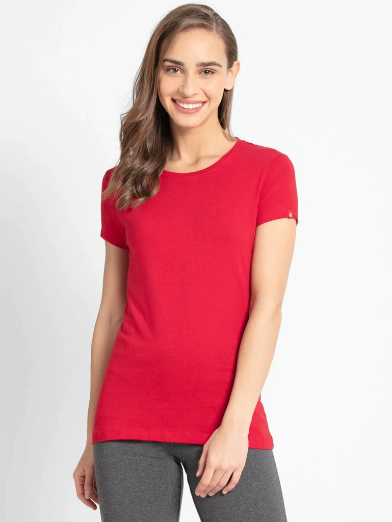 Jester Red JOCKEY Women's Regular Fit Solid Round Neck Half Sleeve T-Shirt