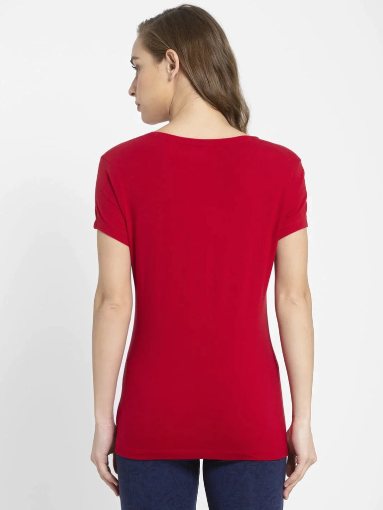 Jester Red JOCKEY Women's Regular Fit Solid V Neck Half Sleeve T-Shirt