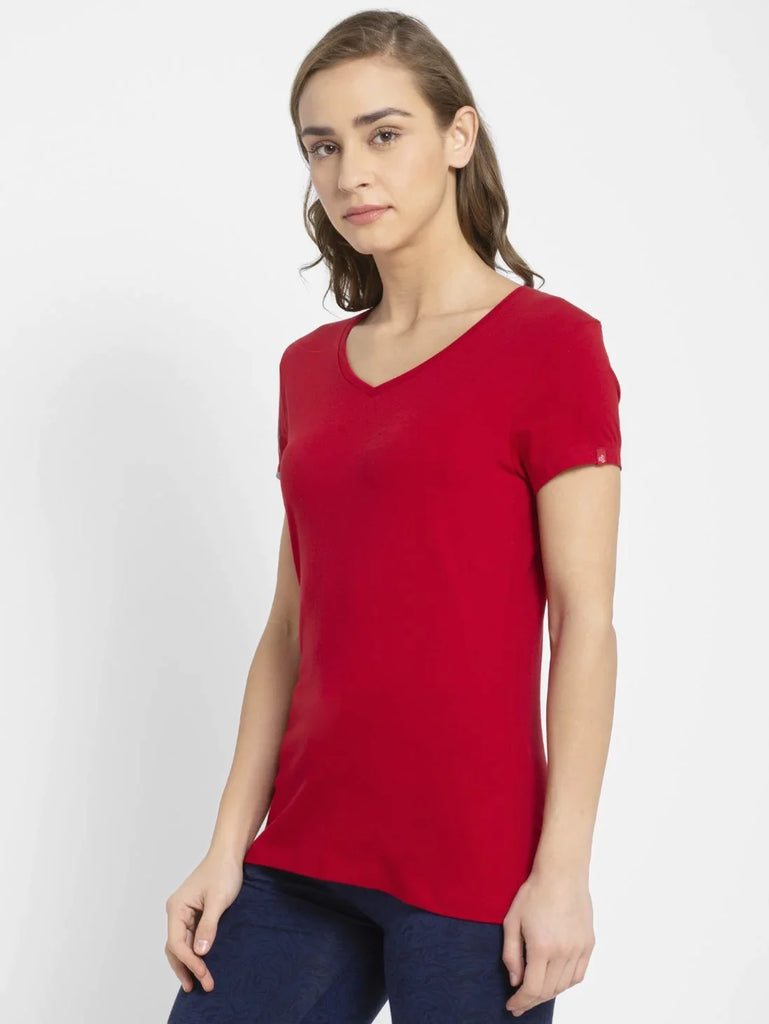 Jester Red JOCKEY Women's Regular Fit Solid V Neck Half Sleeve T-Shirt