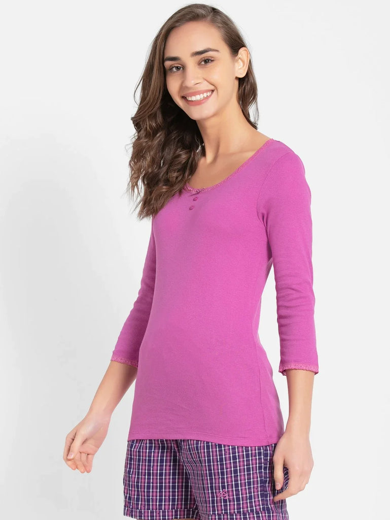 Lavendor Scent JOCKEY Women's Solid Round Neck Three Quarter Sleeve T-Shirt