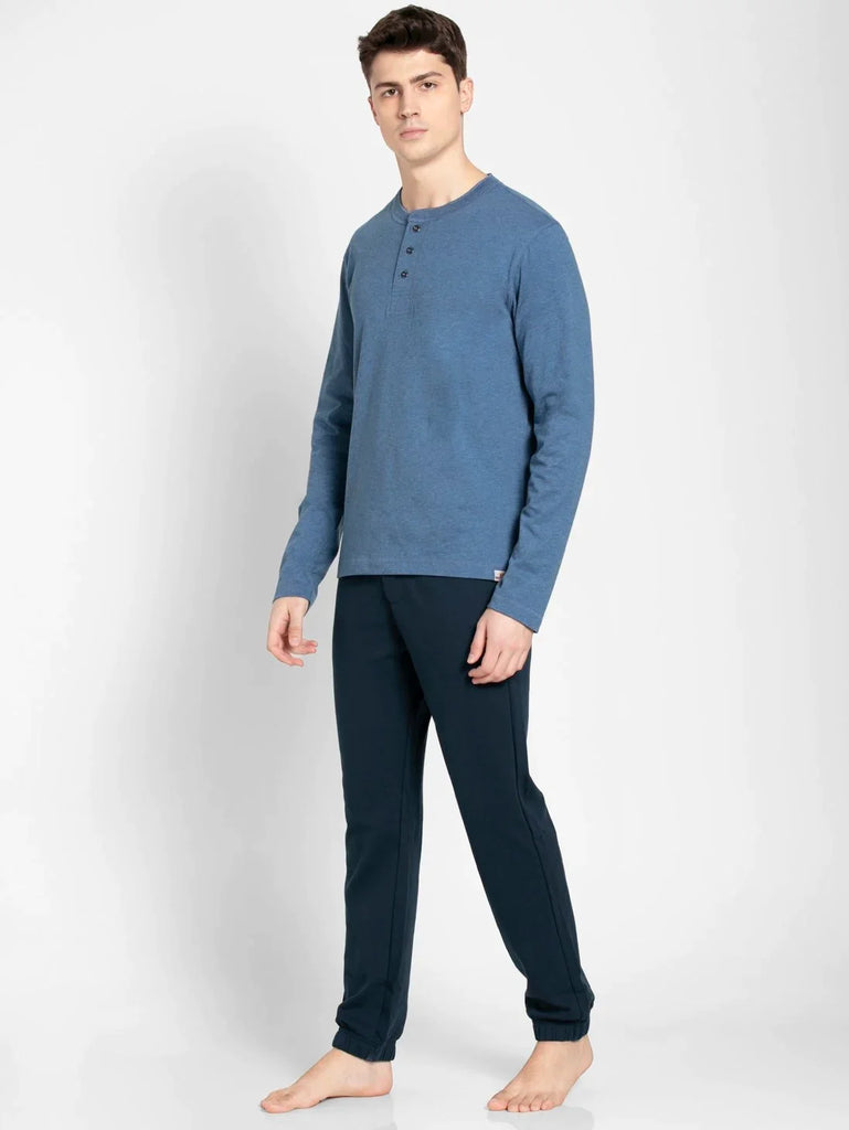 Light Denim Melange JOCKEY Men's Solid Full Sleeve Henley T-Shirt 