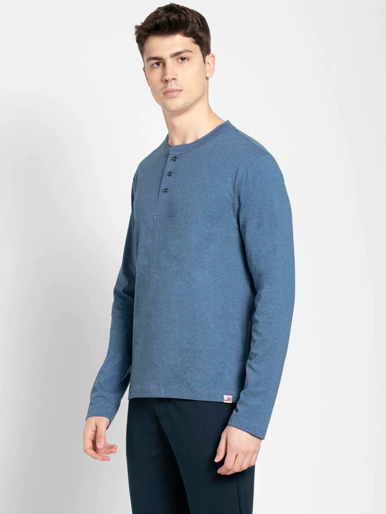 Light Denim Melange JOCKEY Men's Solid Full Sleeve Henley T-Shirt 