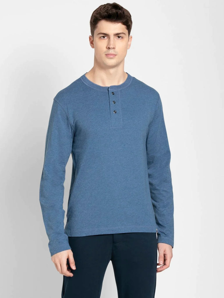 Light Denim Melange JOCKEY Men's Solid Full Sleeve Henley T-Shirt 