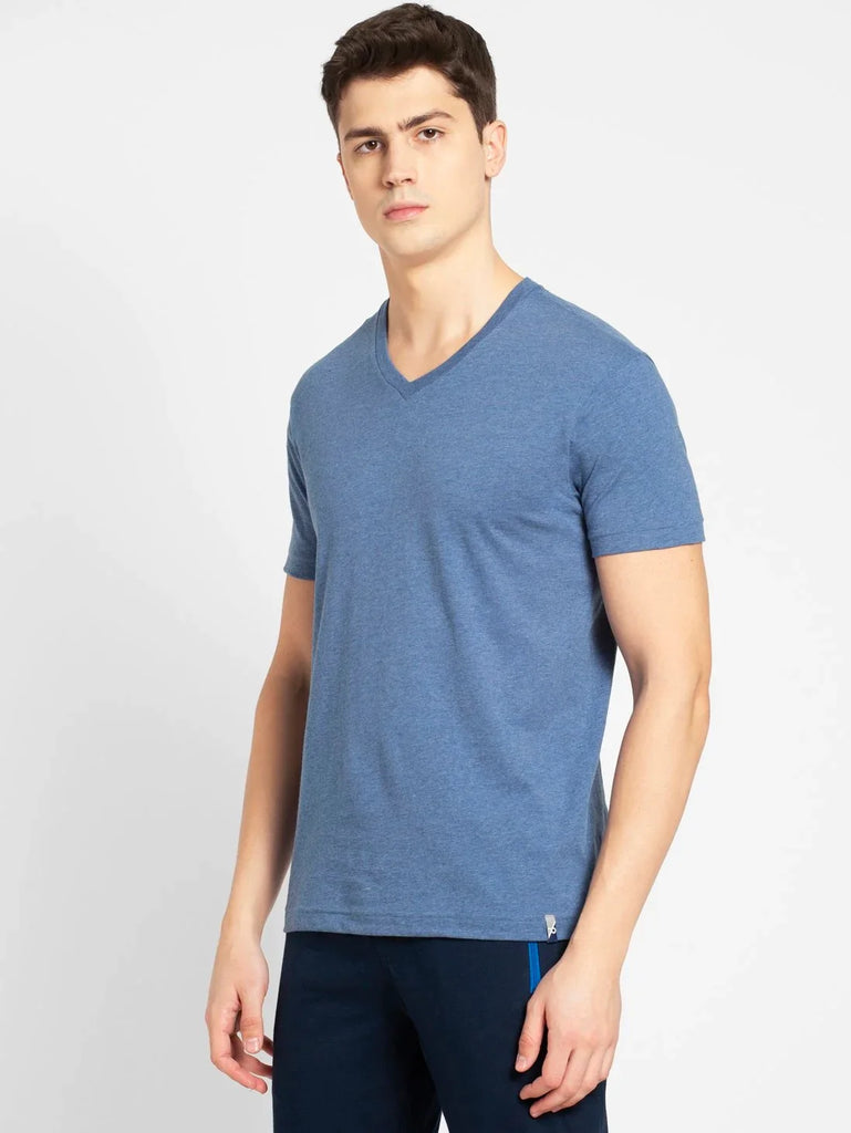 Light Denim Melange JOCKEY Men's Solid V Neck Half Sleeve T-Shirt