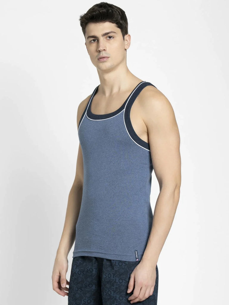 Light Denim Melange Jockey Cotton Rib Square Neckline Gym Vest  for Men