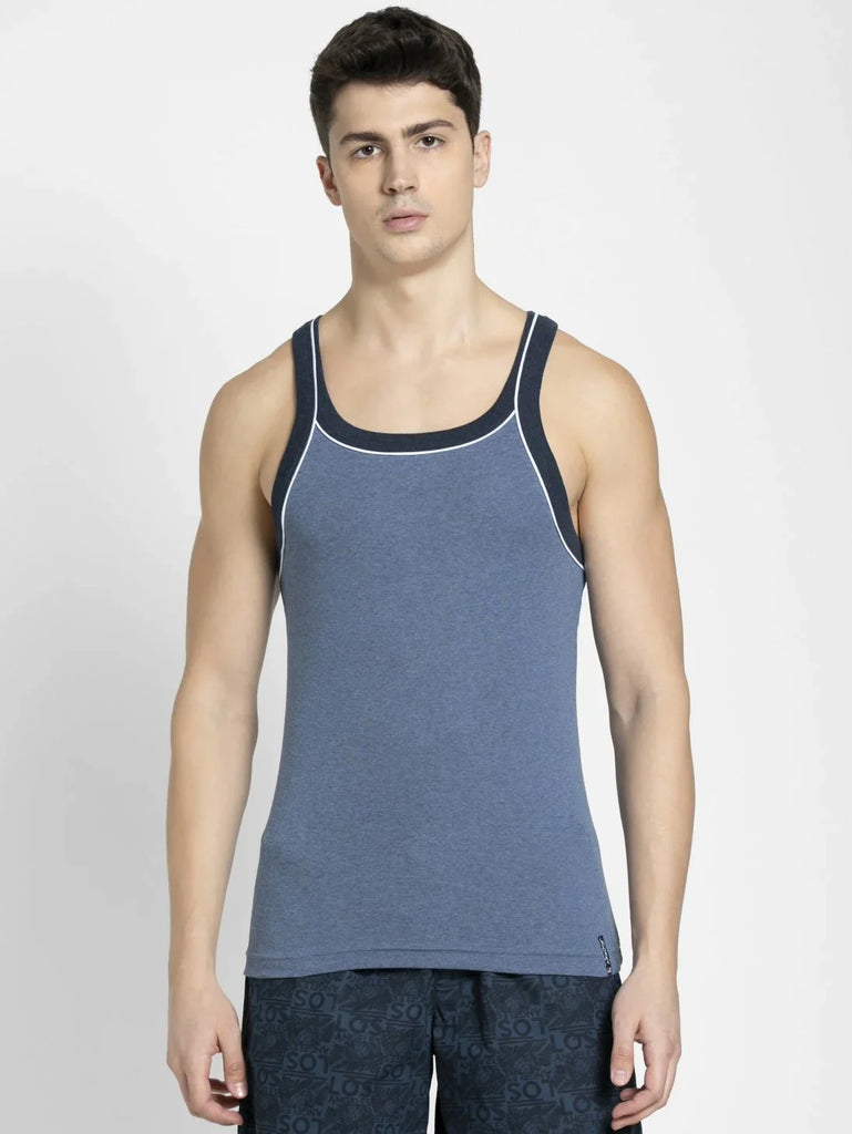 Light Denim Melange Jockey Cotton Rib Square Neckline Gym Vest  for Men