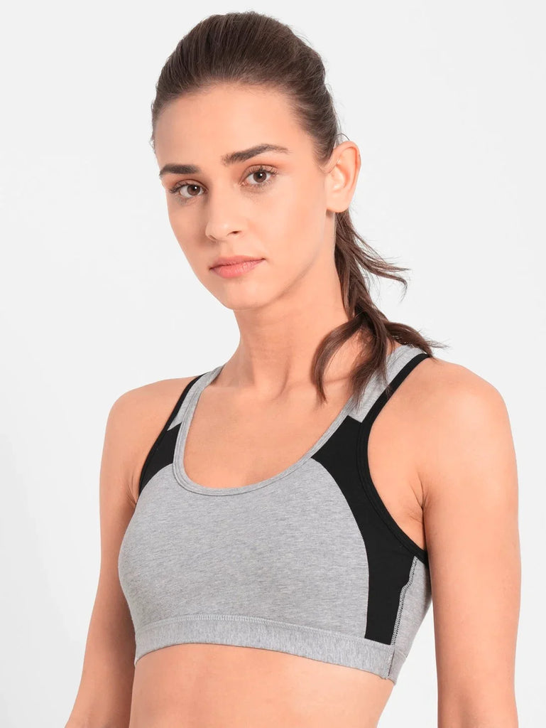 Light Grey Melange & Black JOCKEY Women's Wirefree Padded Racer Back Styling Active Bra.