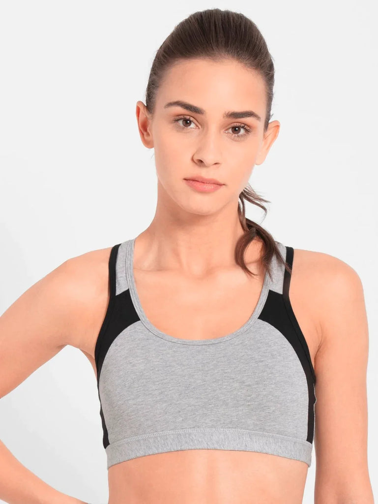 Light Grey Melange & Black JOCKEY Women's Wirefree Padded Racer Back Styling Active Bra.