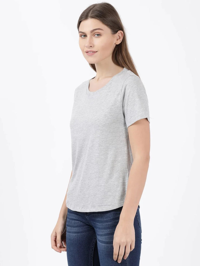Light Grey Melange JOCKEY Women's Relaxed Solid Curved Hem Style Half Sleeve T-Shirt