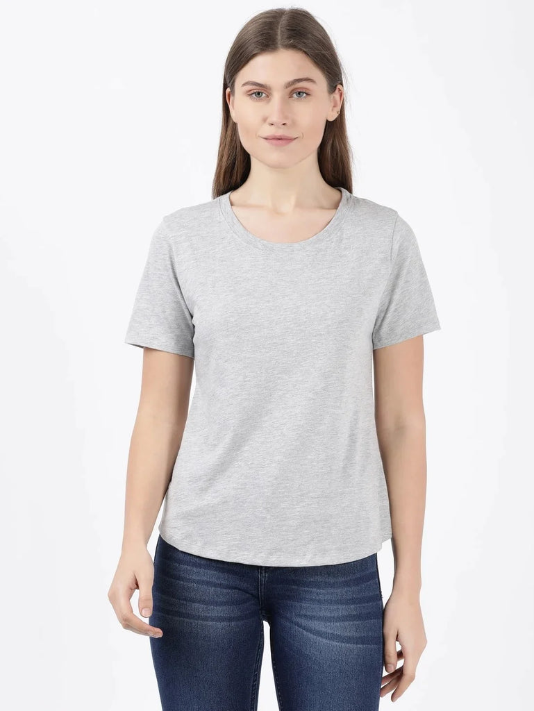 Light Grey Melange JOCKEY Women's Relaxed Solid Curved Hem Style Half Sleeve T-Shirt
