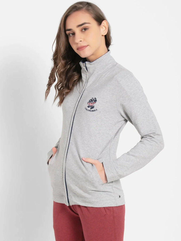 Light Grey Melange JOCKEY Women's Cotton Full Zip High Neck Jacket 