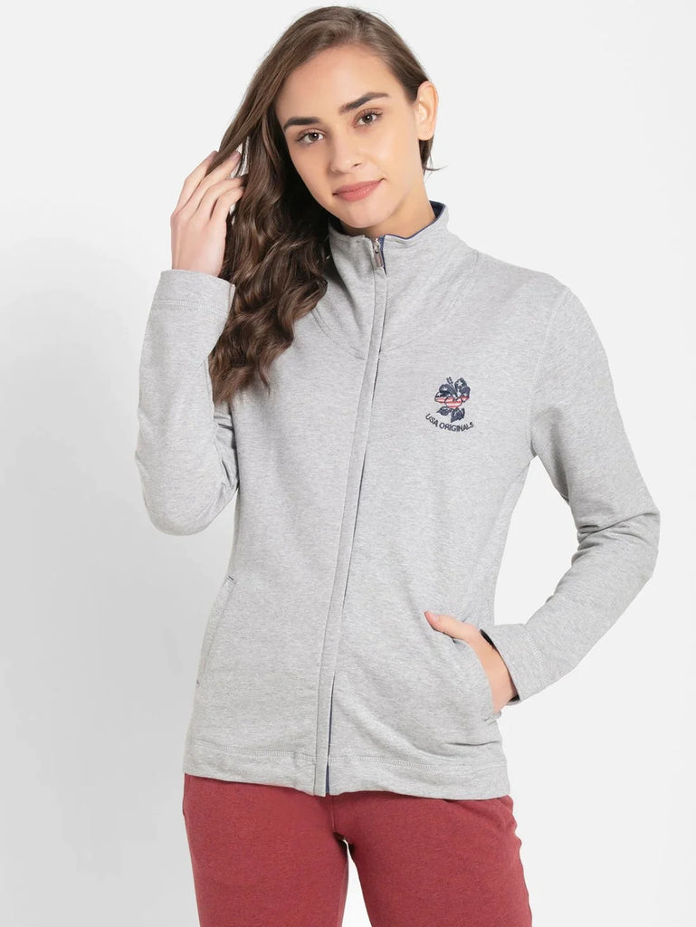 Light Grey Melange JOCKEY Women's Cotton Full Zip High Neck Jacket 