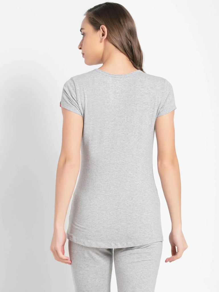 Light Grey Melange JOCKEY Women's Solid V Neck Henley Styled Half Sleeve T-Shirt