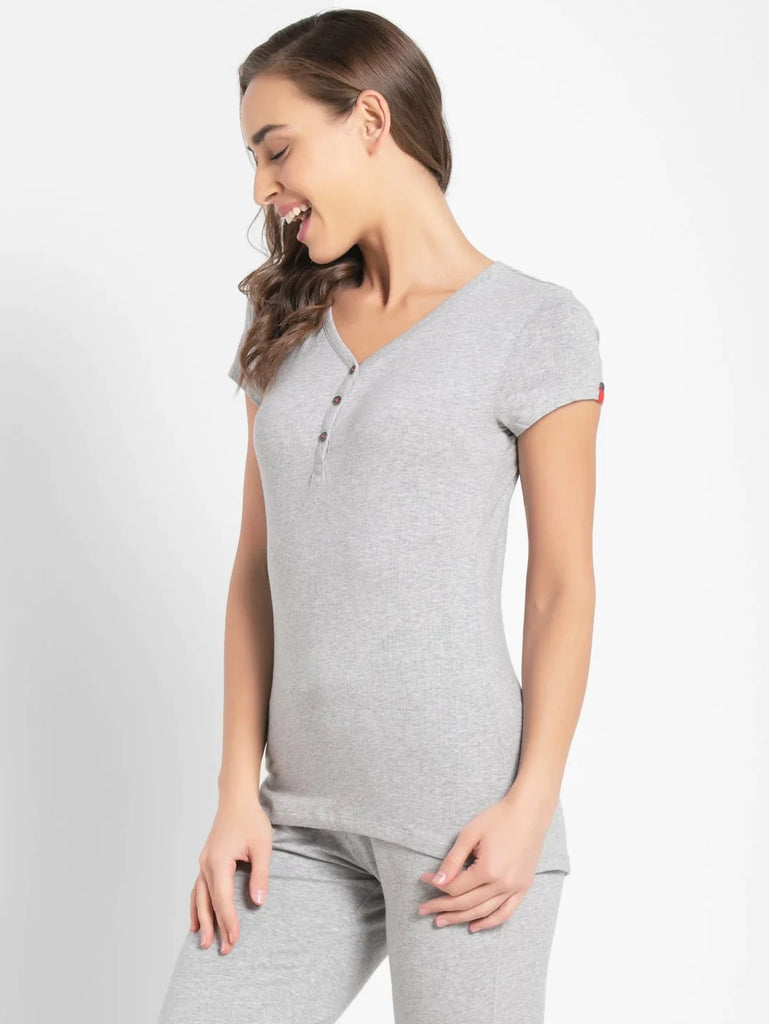 Light Grey Melange JOCKEY Women's Solid V Neck Henley Styled Half Sleeve T-Shirt