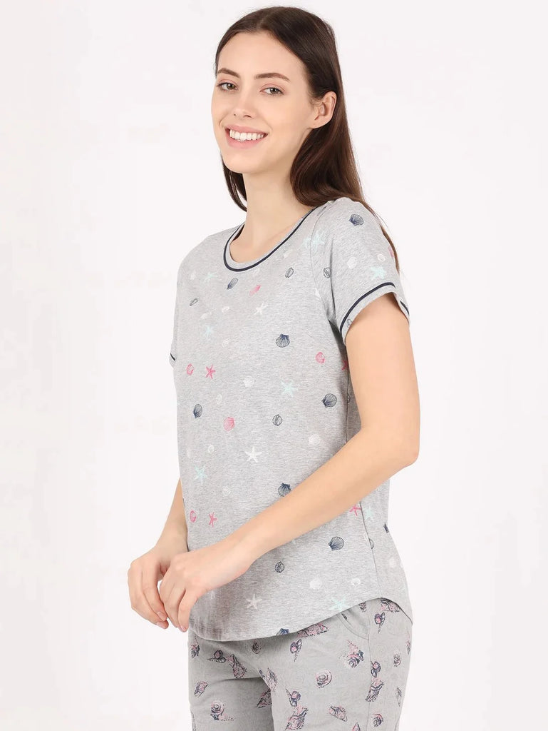 Light Grey Melange JOCKEY Women's Relaxed Fit Printed Round Neck Half Sleeve T-Shirt