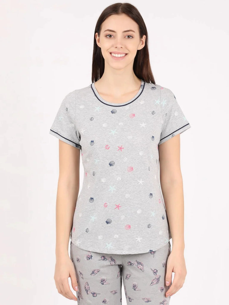 Light Grey Melange JOCKEY Women's Relaxed Fit Printed Round Neck Half Sleeve T-Shirt