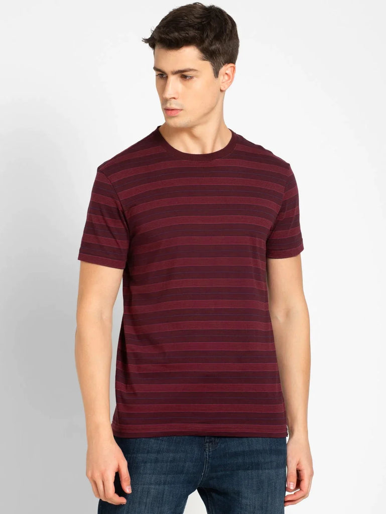 Mauve Wine & Burgundy JOCKEY Men's Striped Round Neck Half Sleeve T-Shirt