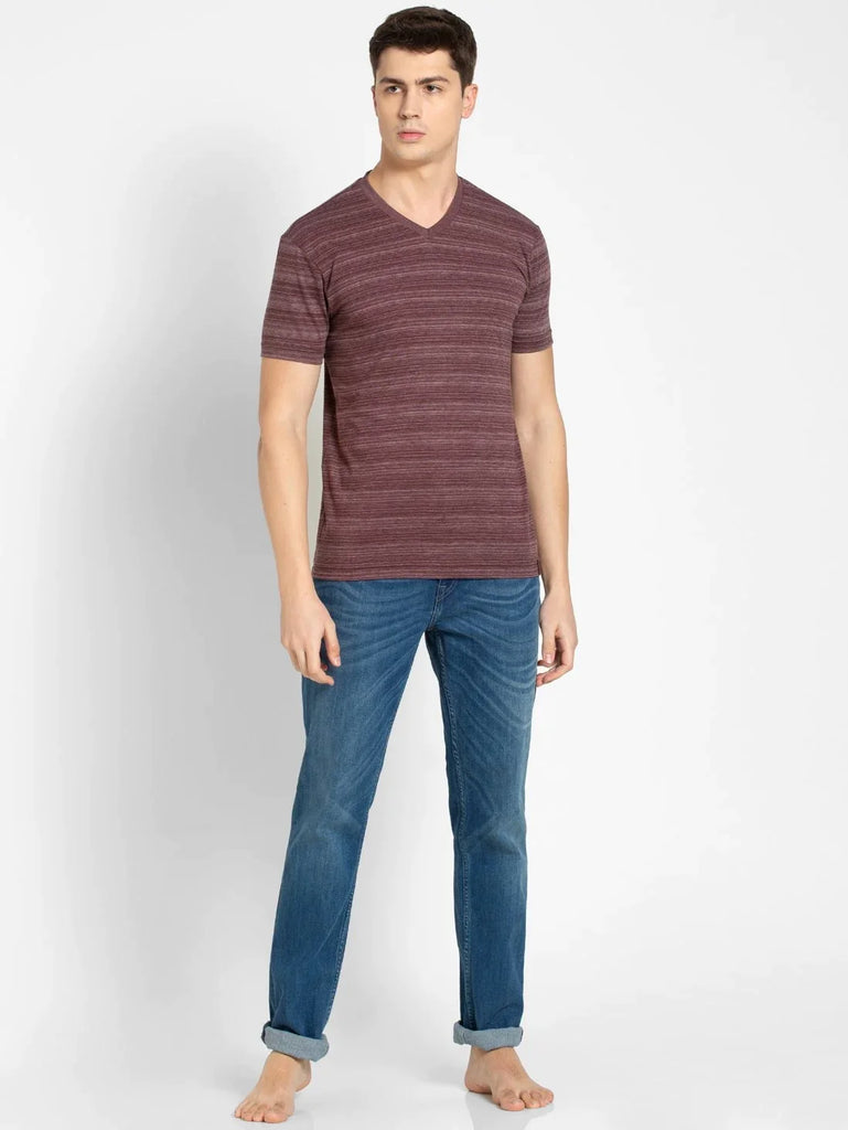 Mauve Wine JOCKEY Men's Cotton Striped V Neck Half Sleeve T-Shirt