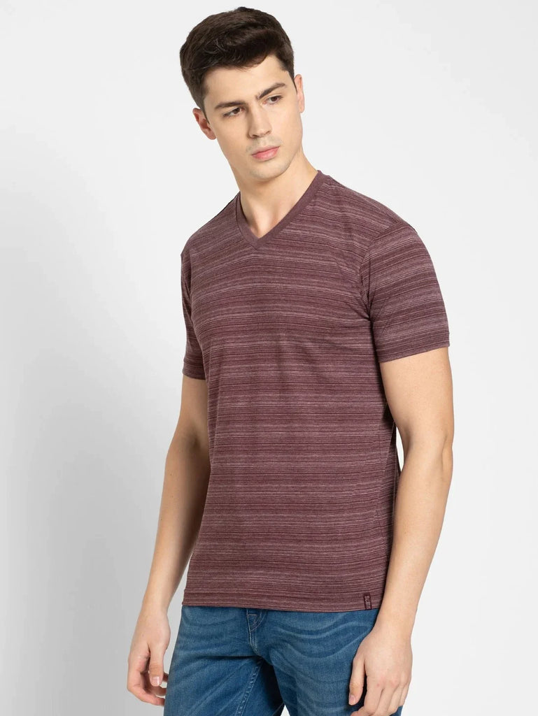 Mauve Wine JOCKEY Men's Cotton Striped V Neck Half Sleeve T-Shirt