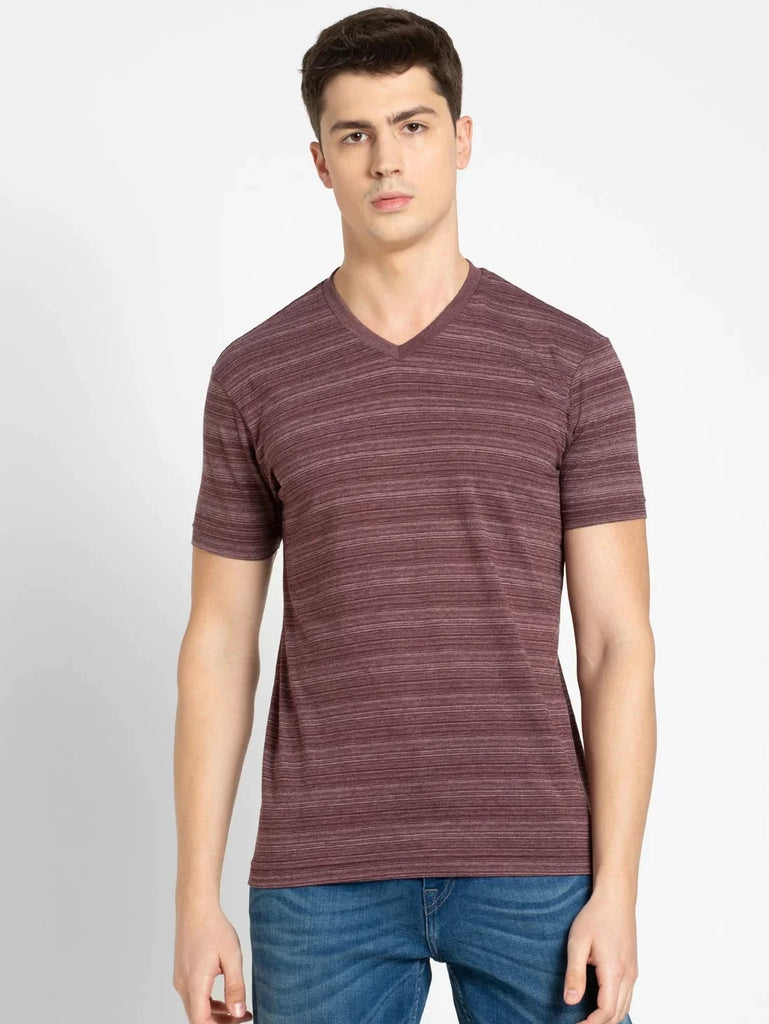 Mauve Wine JOCKEY Men's Cotton Striped V Neck Half Sleeve T-Shirt