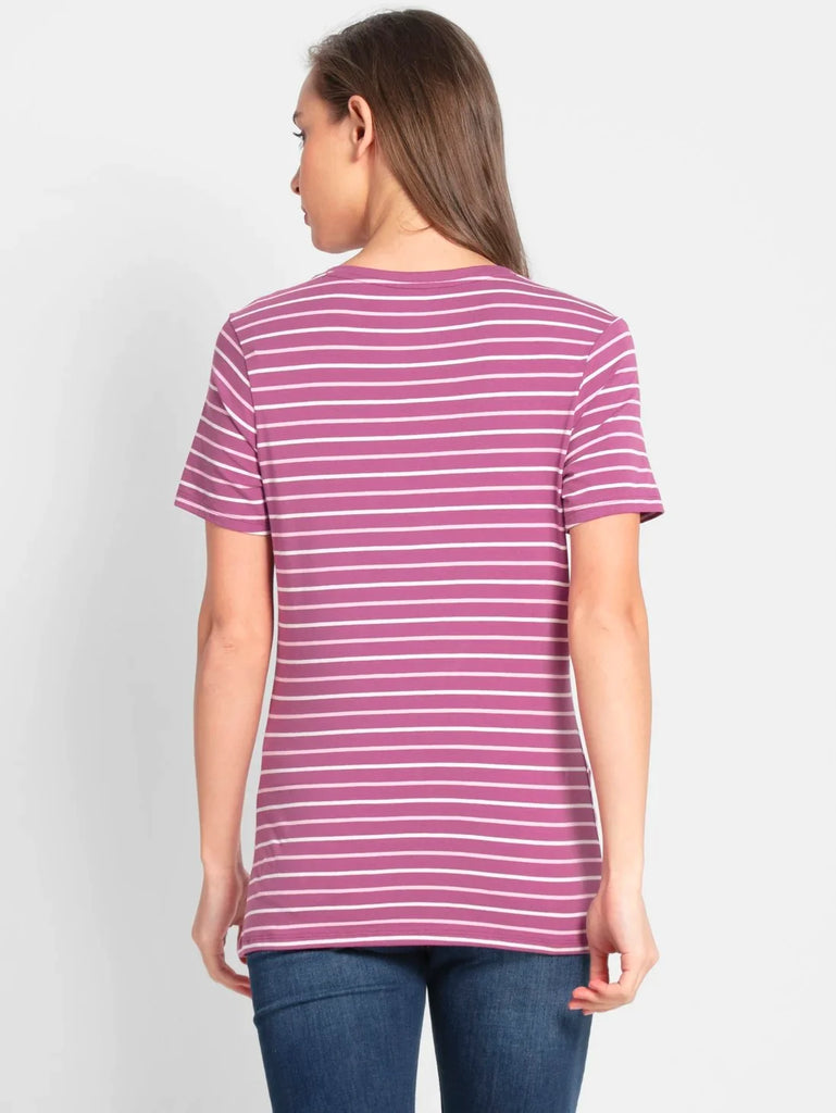 Mauvewood Purple JOCKEY Women's Yarn Dyed Striped V Neck Half Sleeve T-Shirt 