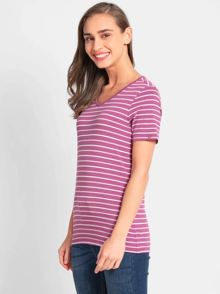 Mauvewood Purple JOCKEY Women's Yarn Dyed Striped V Neck Half Sleeve T-Shirt 