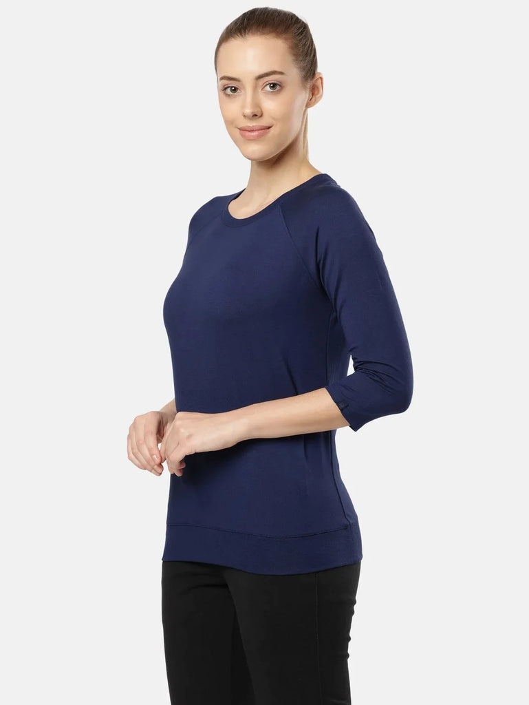 Medieval Blue JOCKEY Women's Regular Solid Round Neck 3/4th Sleeve T-Shirt