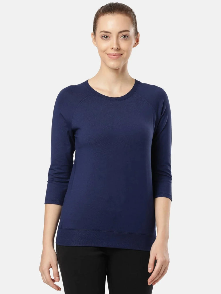 Medieval Blue JOCKEY Women's Regular Solid Round Neck 3/4th Sleeve T-Shirt