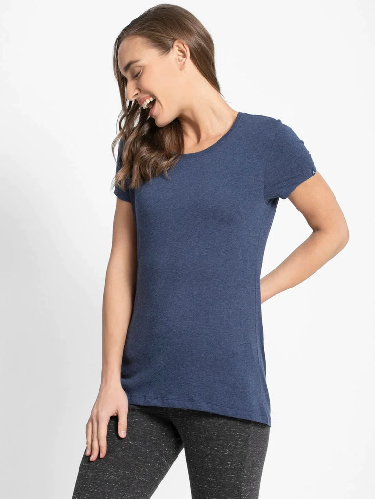 Medieval Blue Melange JOCKEY Women's Regular Fit Solid Round Neck Half Sleeve T-Shirt