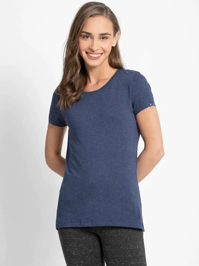 Medieval Blue Melange JOCKEY Women's Regular Fit Solid Round Neck Half Sleeve T-Shirt