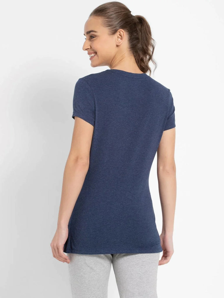Medieval Blue Melange JOCKEY Women's Regular Fit Solid V Neck Half Sleeve T-Shirt