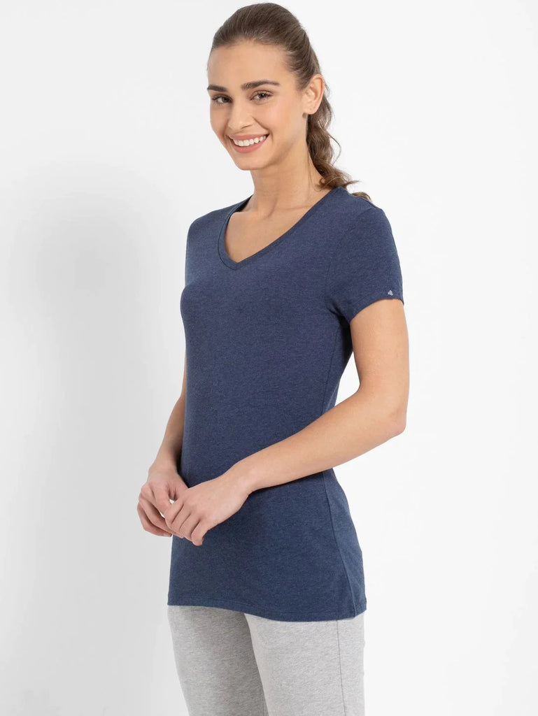 Medieval Blue Melange JOCKEY Women's Regular Fit Solid V Neck Half Sleeve T-Shirt