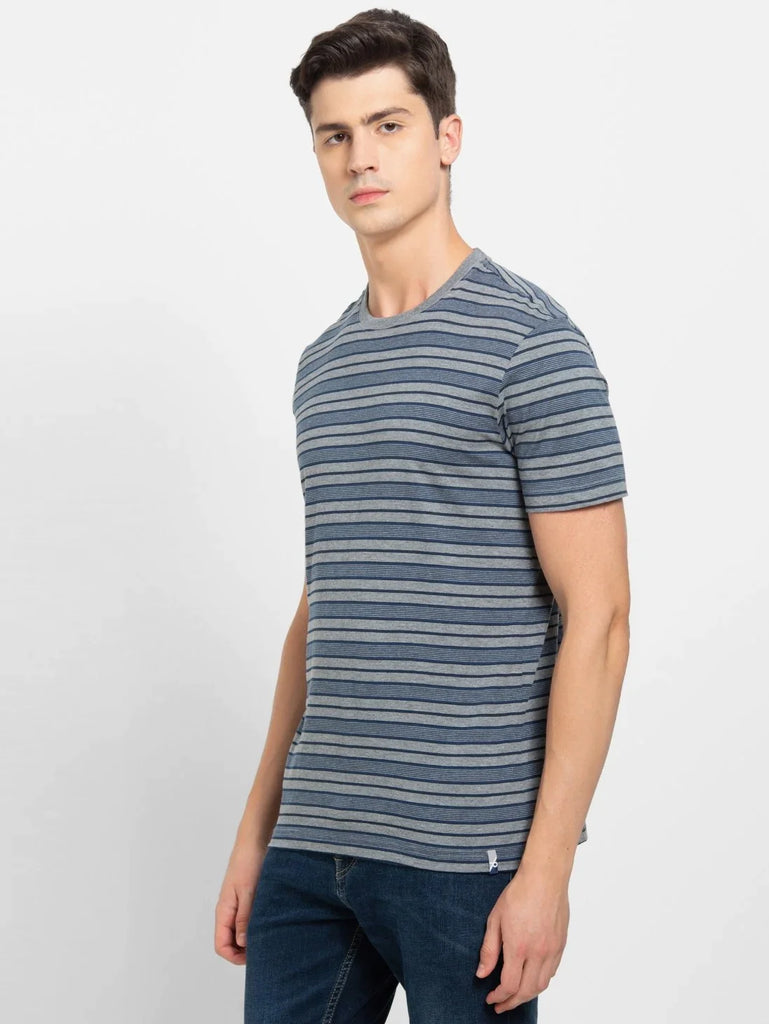 Mid Grey & Insignia Blue JOCKEY Men's Striped Round Neck Half Sleeve T-Shirt