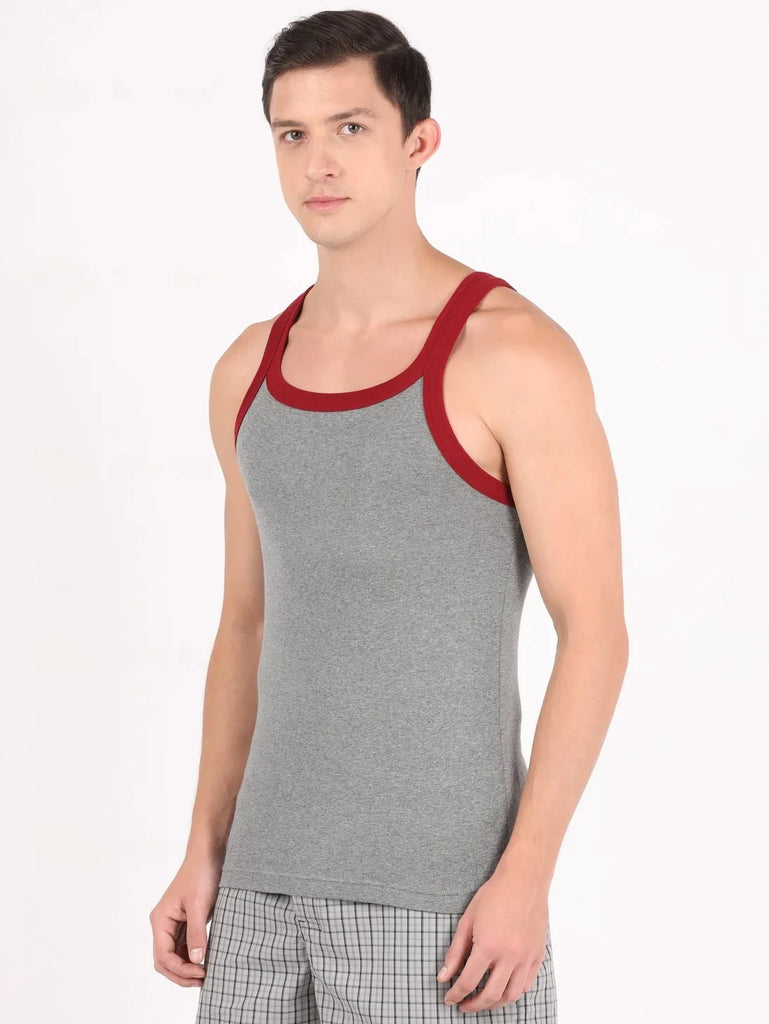 Mid Grey Mel & Reflecting Pond Jockey Cotton Rib Square Neckline Gym Vest for Men