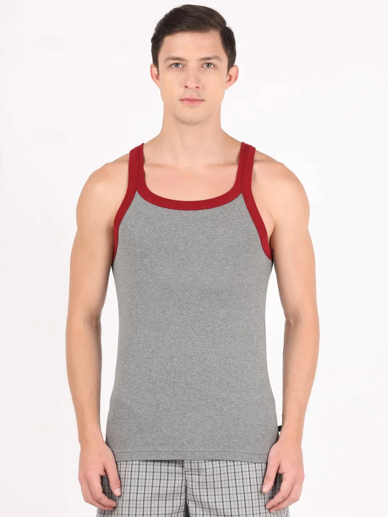 Mid Grey Mel & Reflecting Pond Jockey Cotton Rib Square Neckline Gym Vest for Men