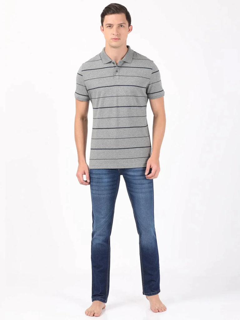 Mid grey melange & Night Sky ground JOCKEY Men's Cotton Rich Striped Half Sleeve Polo T-Shirt