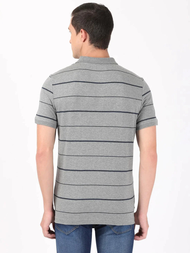 Mid grey melange & Night Sky ground JOCKEY Men's Cotton Rich Striped Half Sleeve Polo T-Shirt