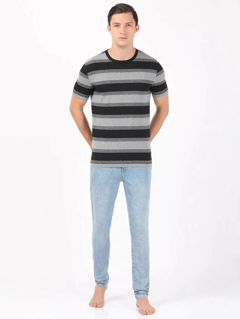 Mid Grey Melange & Black JOCKEY Men's Striped Round Neck Half Sleeve T-Shirt