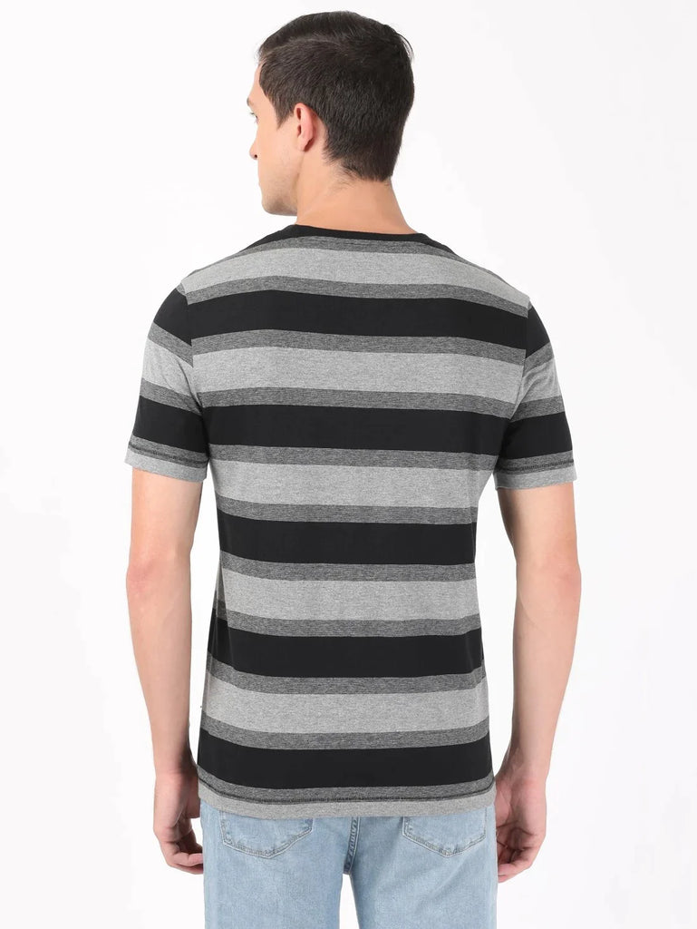 Mid Grey Melange & Black JOCKEY Men's Striped Round Neck Half Sleeve T-Shirt